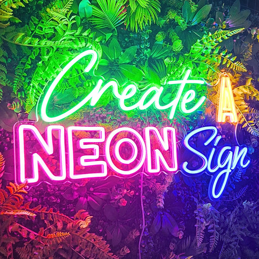 Custom neon sign in green, orange, pink and blue