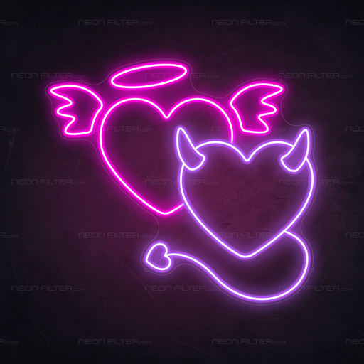 Angel And Devil Hearts Neon Sign in Love Potion Pink and Hopeless Romantic Purple 