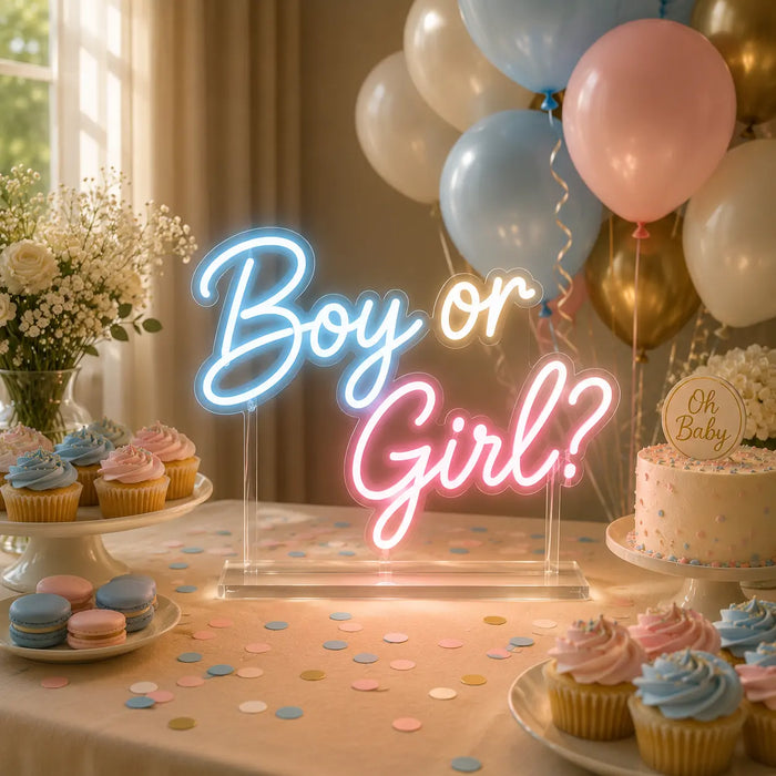 A neon sign reading 'Boy or Girl?' in blue, white, and pink script stands on a decorated party table with cupcakes, balloons, and a cake.