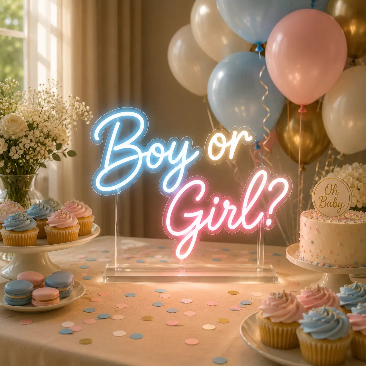 A neon sign reading 'Boy or Girl?' in blue, white, and pink script stands on a decorated party table with cupcakes, balloons, and a cake.