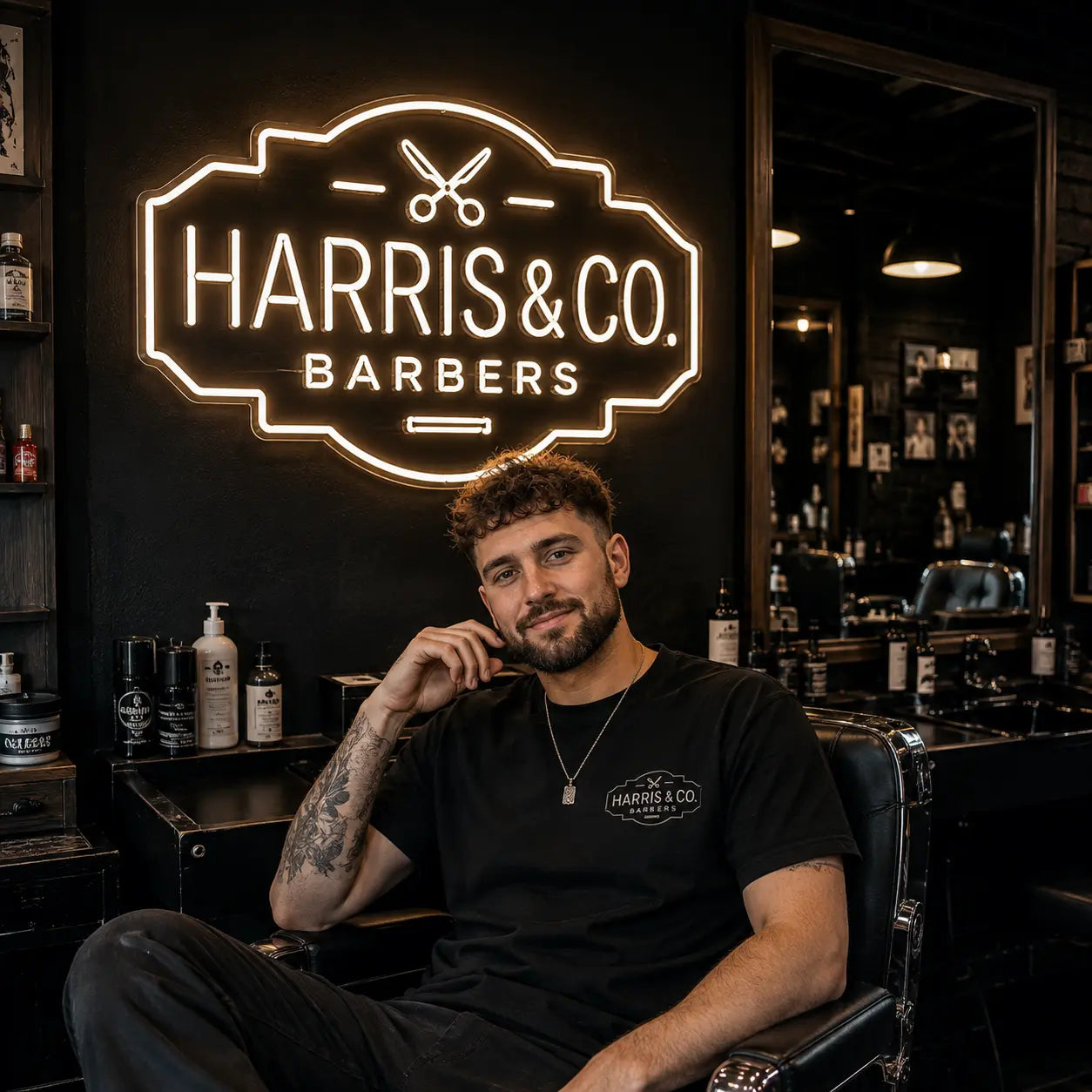 A man with a beard and tattoos sits in a black leather barber chair inside a barbershop, wearing a black t-shirt with the 'Harris & Co. Barbers' neon sign