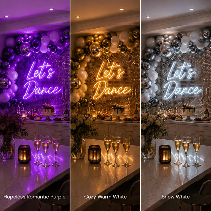 Three vertical panels show a decorated event space with a large illuminated 'Let's Dance' sign above a dessert table, balloon garlands, candles, and champagne flutes. The left panel glows purple, the center panel is warm white, and the right panel is cool white.