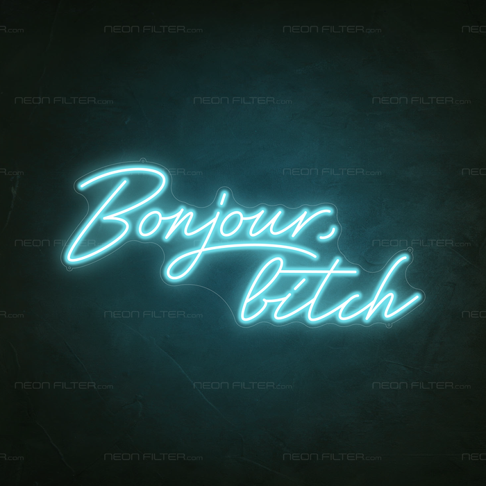 Bonjour, Bitch Neon Sign in Glacier Blue