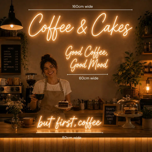 A warm, cozy cafe interior with a smiling woman behind a counter, overlaid with large glowing orange text reading 'Coffee & Cakes', 'Good Coffee, Good Mood', 'but first, coffee', dimensions '160cm wide', '60cm wide', and '80cm wide'. This appears to be a decorative sign or wall art product shown in a styled real environment, so subject_type is Lifestyle rather than Product/Packaging.