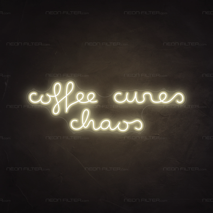 Coffee Cures Chaos Neon Sign in Cosy Warm White