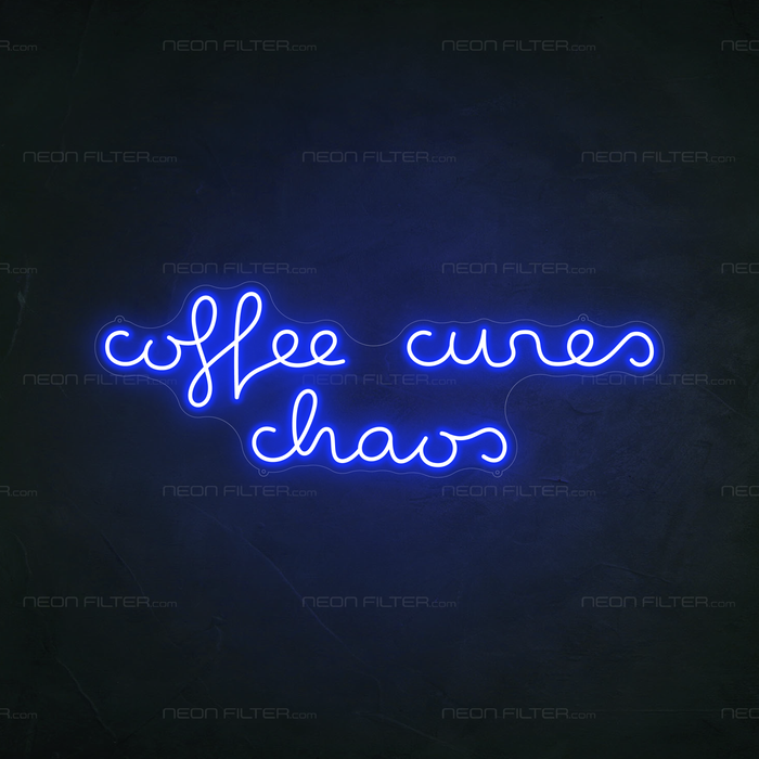 Coffee Cures Chaos Neon Sign in Santorini Blue