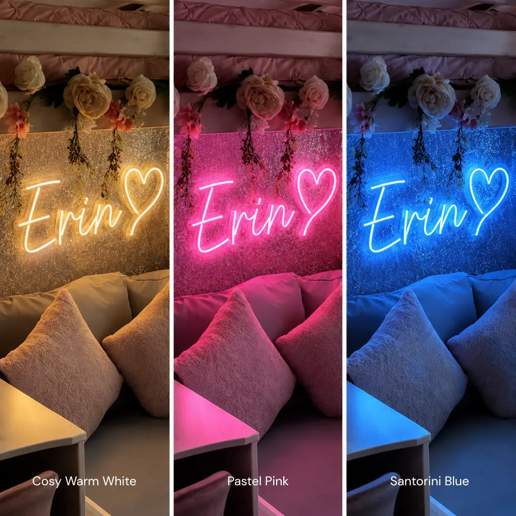 Three vertical panels show a personalized LED neon-style wall sign reading “Erin” with a heart, lit in three color modes: cosy warm white, pastel pink, and santorini blue. The sign is displayed in a decorated bedroom or lounge setting with pillows, flowers, and a glittery textured wall.