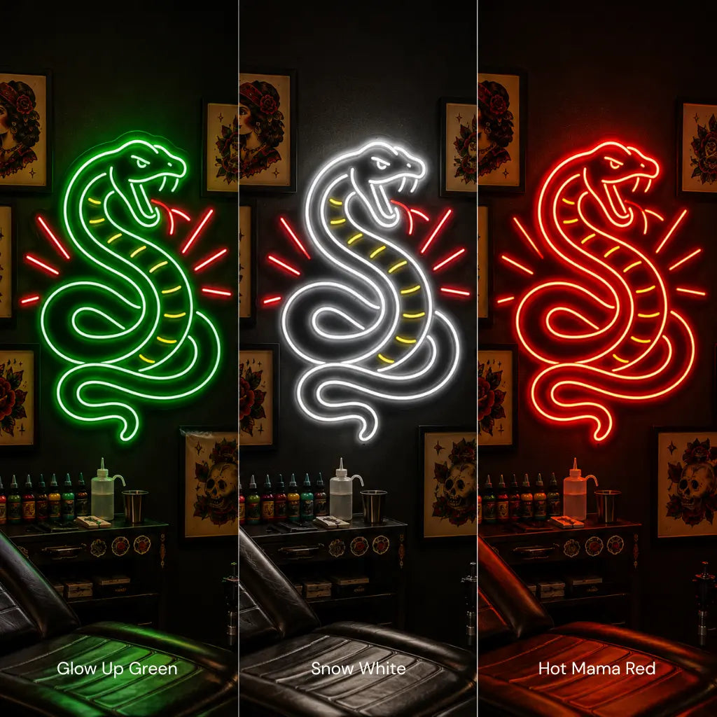 Three vertical panels show a neon snake wall sign in different coloors: glowing green labeled 'Glow Up Green,' glowing white labeled 'Snow White,' and glowing red labeled 'Hot Mama Red.' The panels are set in a dark tattoo-style room with framed wall art, bottles, and a counter below.