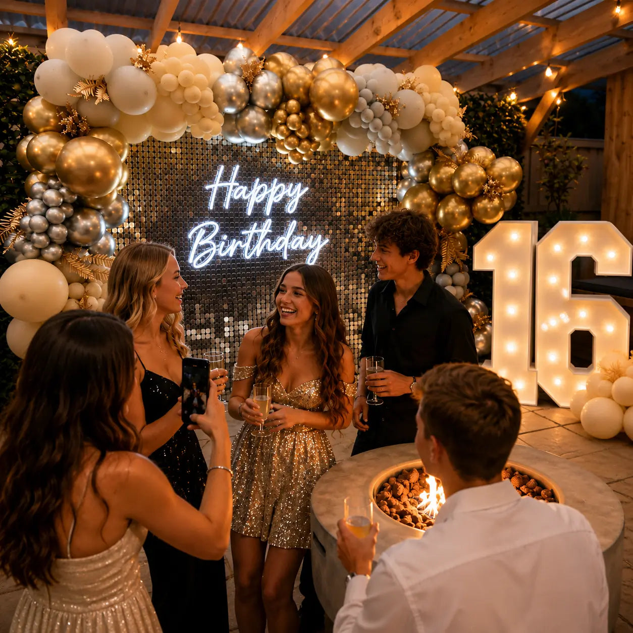 A group of friends celebrating a 16th birthday at an outdoor patio, gathered around a glowing 'Happy Birthday' sign. The background features a large balloon garland in gold, white, and silver, a large illuminated '16' sign, and a fire pit table with drinks.