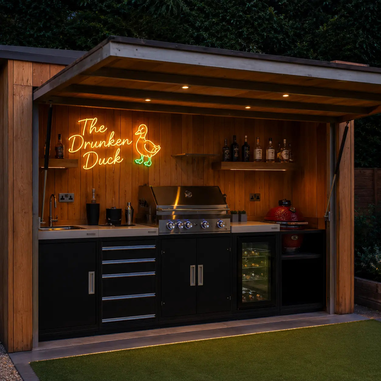 Outdoor kitchen bar setup with wooden cabinetry, stainless steel grill, sink, shelves, and a glowing neon sign reading “The Drunken Duck” with a duck neon sign. The scene is set at night in a backyard with artificial turf and dark foliage in the background.