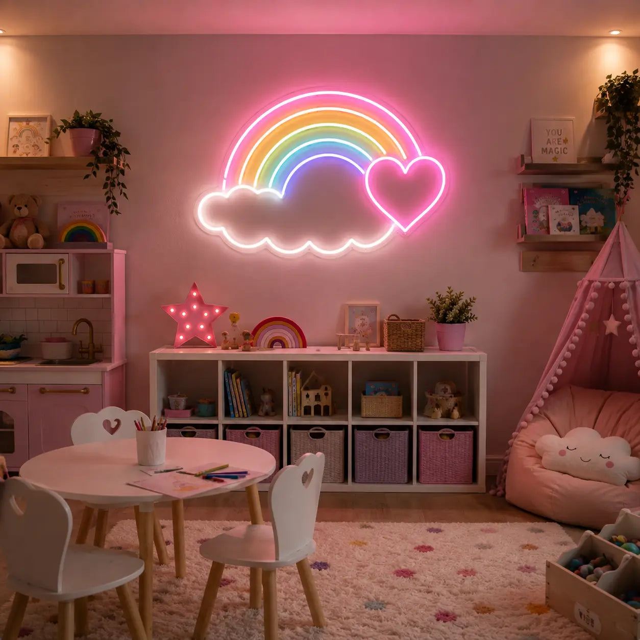 A pink neon wall sign shaped like a rainbow over a cloud with a heart, displayed in a child's bedroom or playroom with a pink play kitchen, storage shelves, a small table and chairs, and a pink teepee tent.