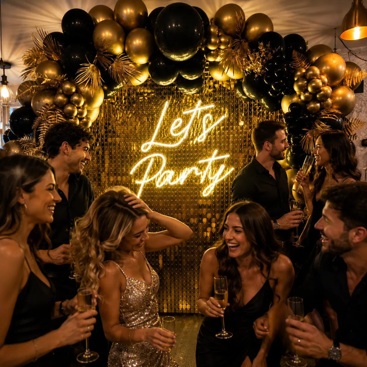 A festive party setup with a large black and gold balloon arch, a gold sequin backdrop, and a glowing neon sign that reads 'Let's Party'. Several people are gathered in front, holding champagne glasses and smiling and laughing.