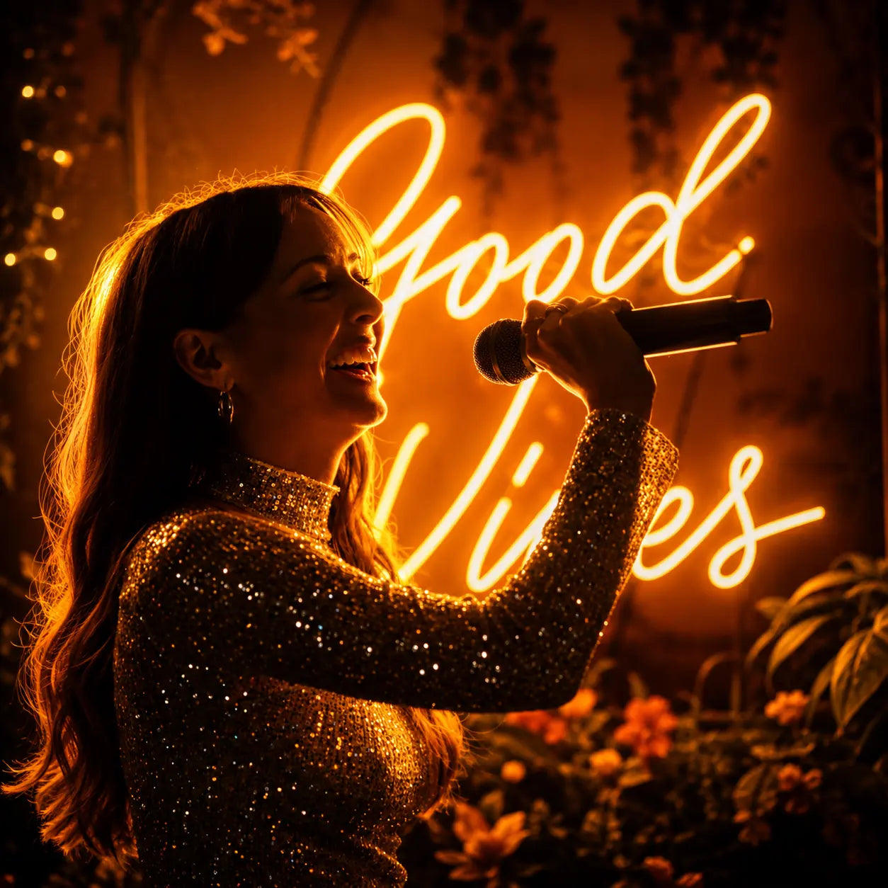 A woman in a sparkling gold turtleneck sweater holds a microphone in front of a glowing orange neon sign that reads 'Good Vibes' in an outdoor garden setting at night.