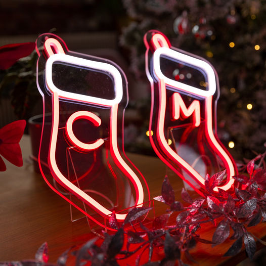 Mini Stocking Christmas Neon Sign with Initial Personalised