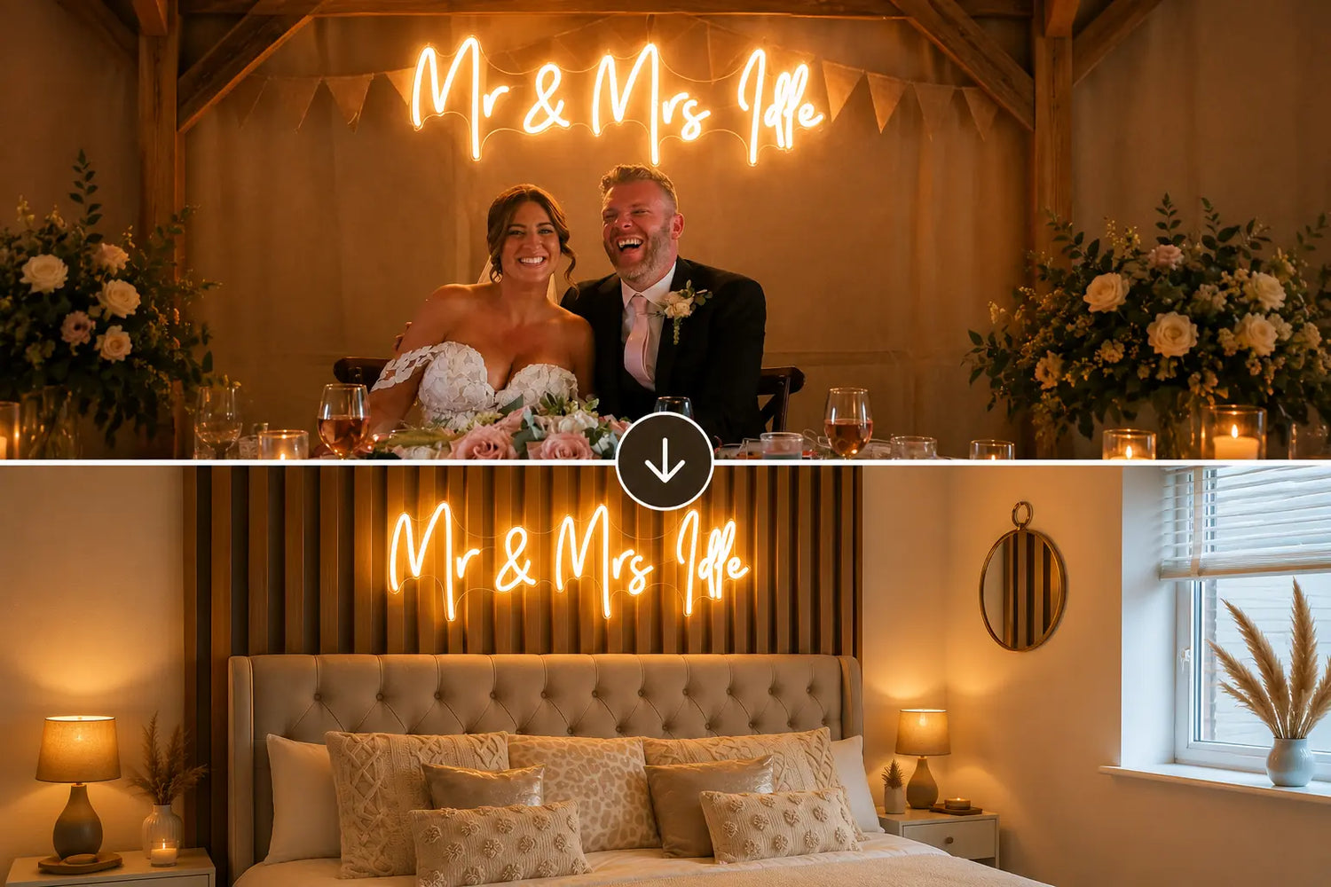 A split-screen comparison of a custom neon sign. The top half shows the sign glowing in a wedding reception setting with a bride and groom seated at the table.