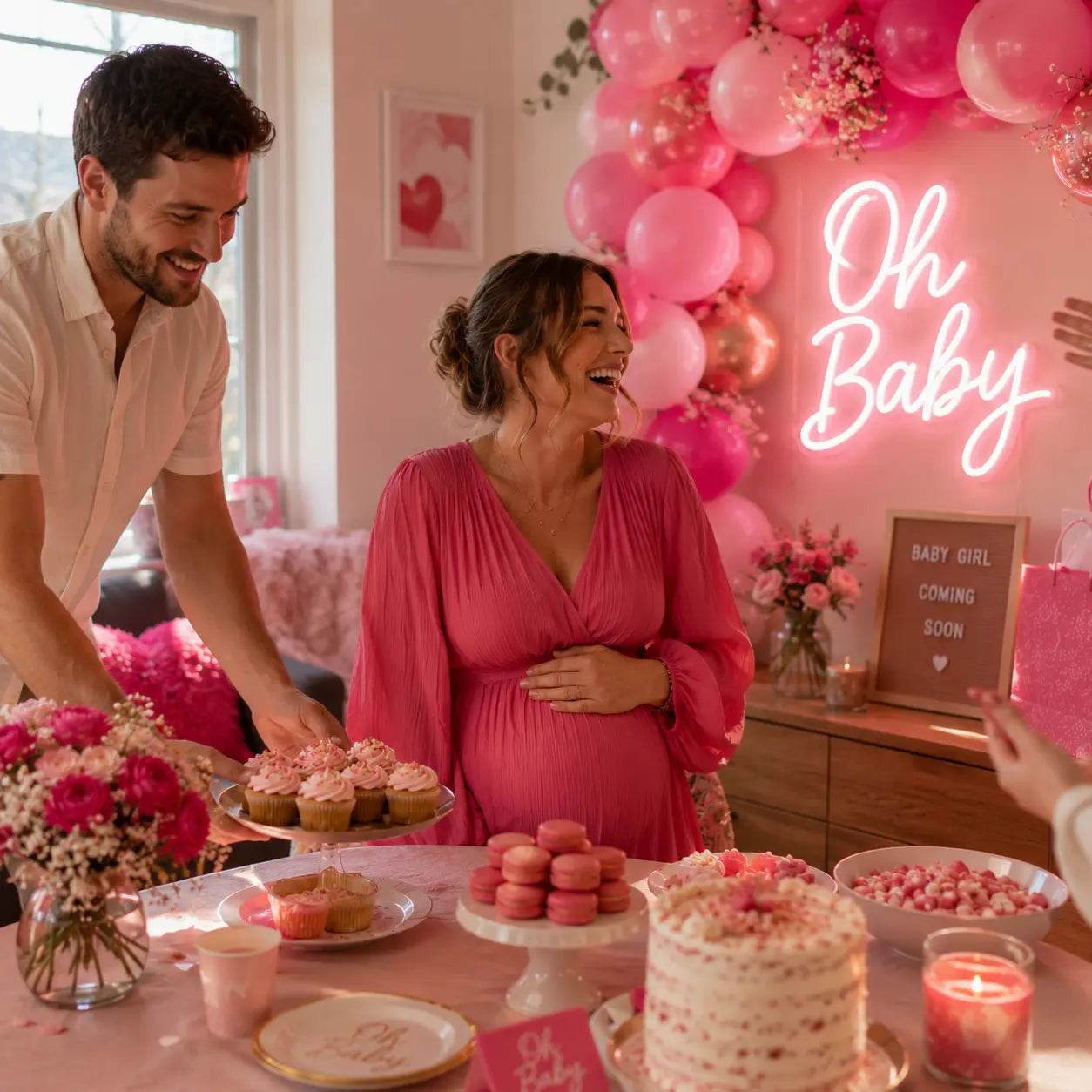 A pregnant woman in a pink dress and a man in a white shirt celebrate at a pink baby shower table decorated with cupcakes, macarons, a cake, and a pink neon 'Oh Baby' sign.