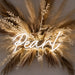 A decorative wall sign featuring the word 'Pearl' in glowing white neon script, surrounded by dried pampas grass and small white floral accents against a warm neutral background.