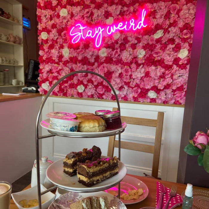 Cream tea on table in front of a pink flower wall with a pink Stay Weird Neon Sign by cakesadaisy