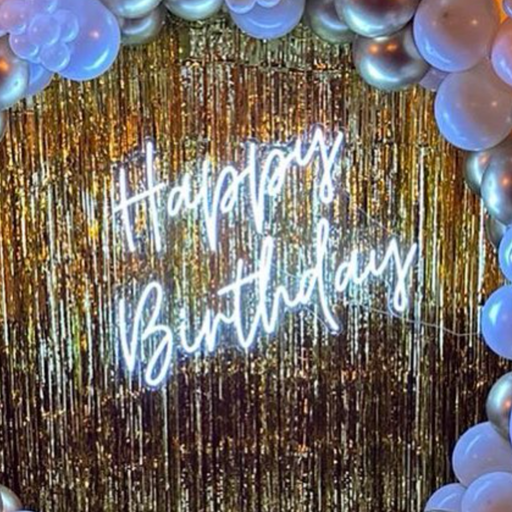 Happy Birthday Neon Sign In Snow White with gold sequin background