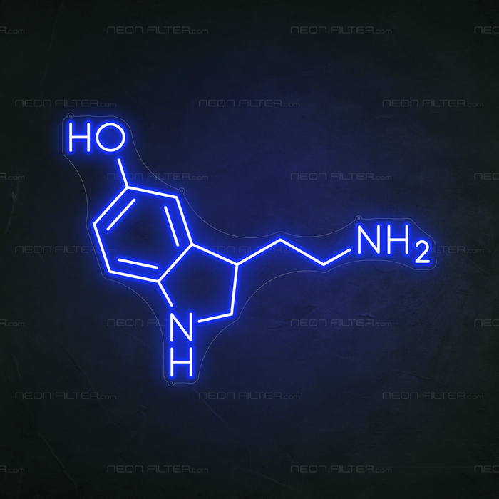 Serotonin Molecule Neon Sign in Santorini Blue