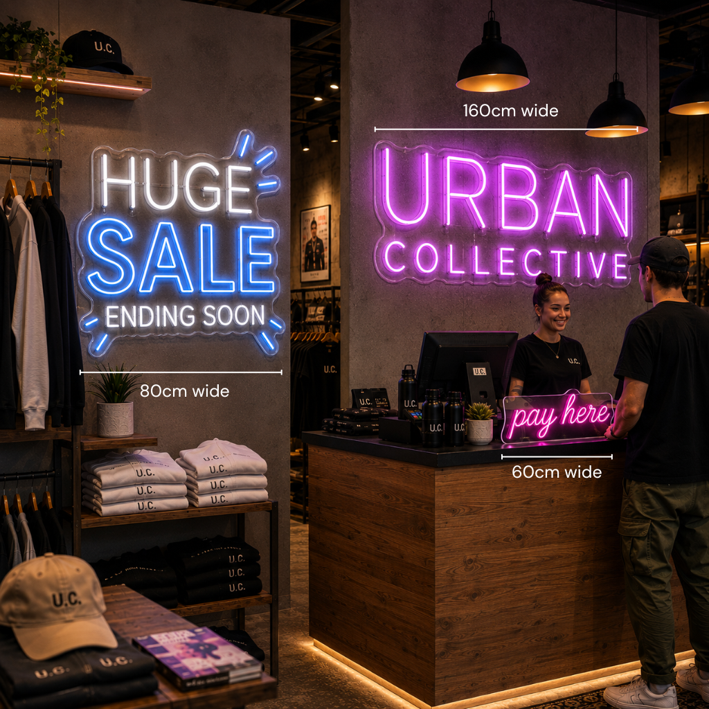 A retail storefront scene with neon signs and signage dimensions overlaid. The most prominent product-like subject is the large pink neon 'URBAN COLLECTIVE' sign mounted on the wall above the counter, with additional neon sale signs in blue and white.