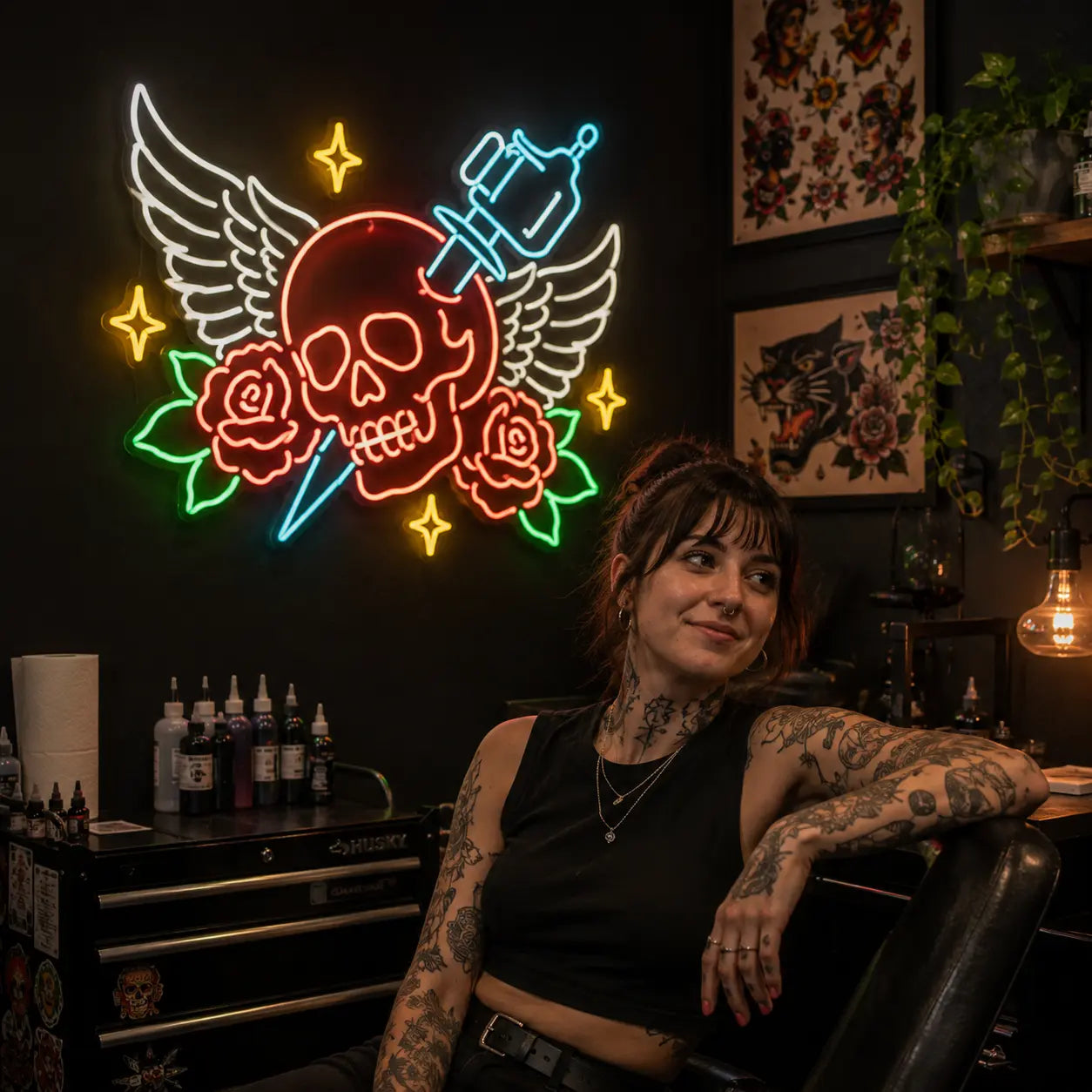 A tattoo artist with arm and neck tattoos sits in a tattoo chair in a tattoo studio, looking at the camera. Behind her is a large glowing neon sign of a skull with wings, roses, and a syringe on a dark wall.