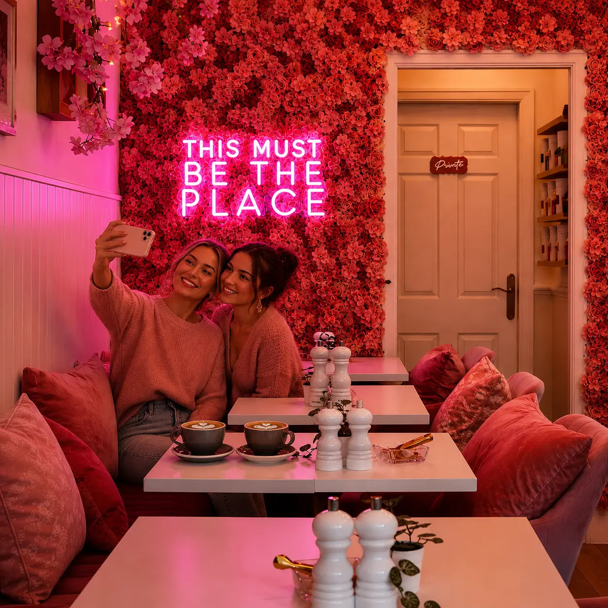 Two women taking a selfie in a cozy, pink-lit cafe or restaurant corner with a floral wall, a pink neon sign reading 'THIS MUST BE THE PLACE,' and tables with cups and white salt and pepper shakers in the foreground.
