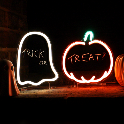 Ghost and pumpkin mini halloween neon signs with trick or treat written on them 