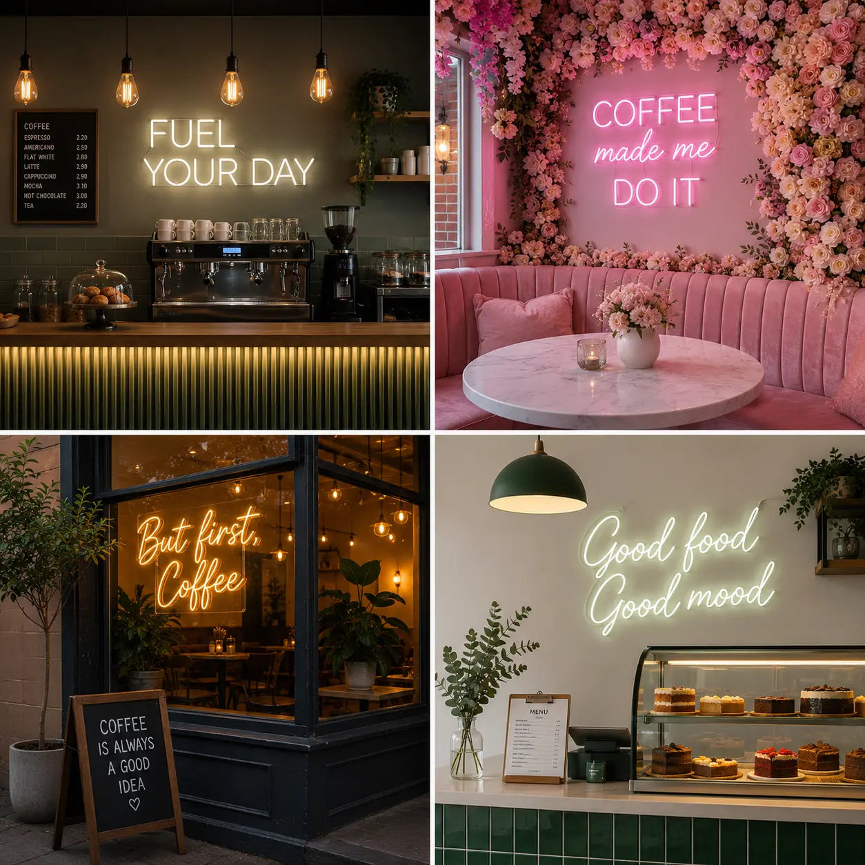 A four-panel collage showcasing cozy cafe interior scenes with glowing neon signs: one says 'FUEL YOUR DAY', one says 'COFFEE made me DO IT' above a pink velvet booth, one says 'But first, Coffee' on a storefront window, and one says 'Good food Good mood' above a dessert display case.