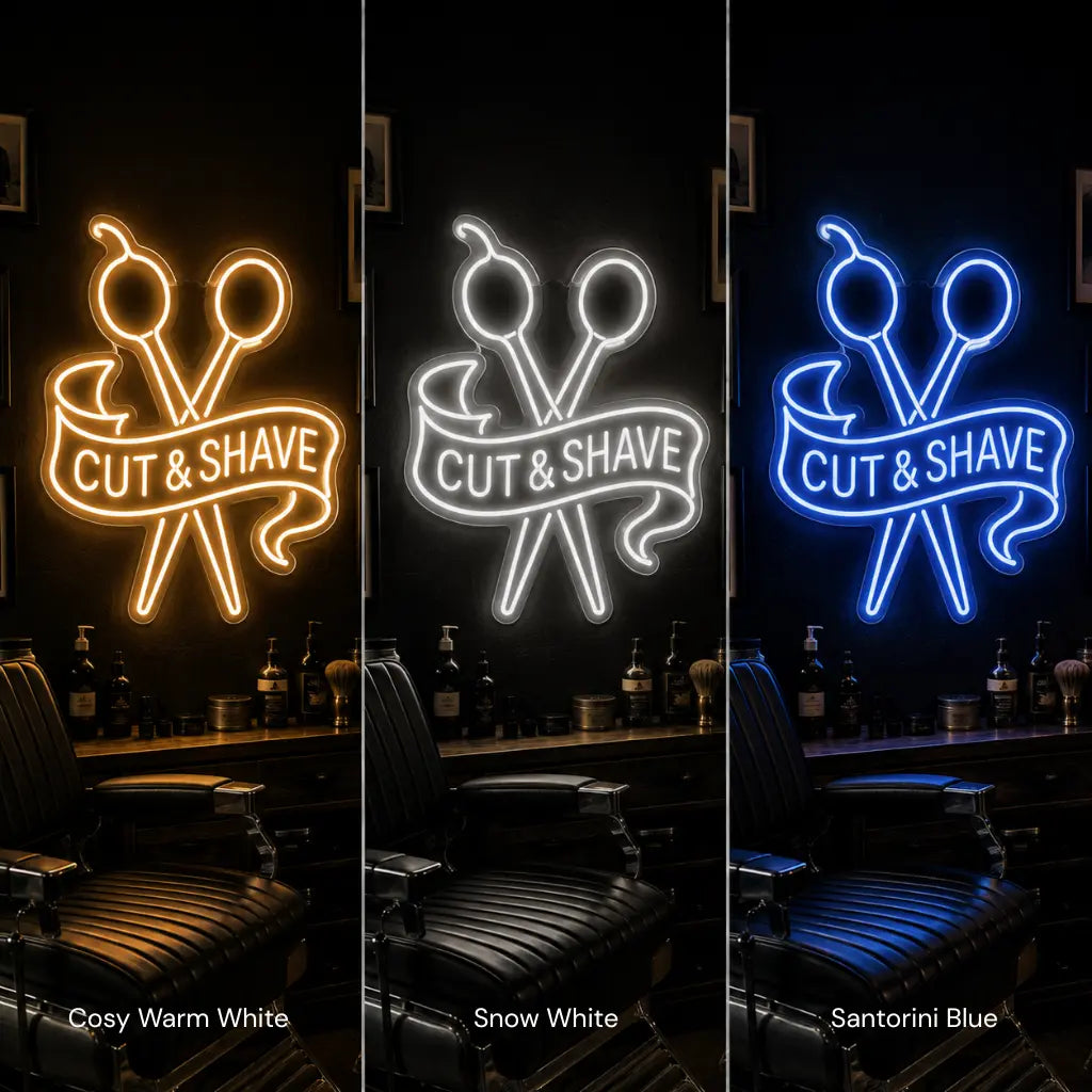 Three vertical panels show a neon-style barber shop sign reading "CUT & SHAVE" with crossed scissors and a banner. The left panel glows cosy warm white, the center panel snow white, and the right panel santorini blue.