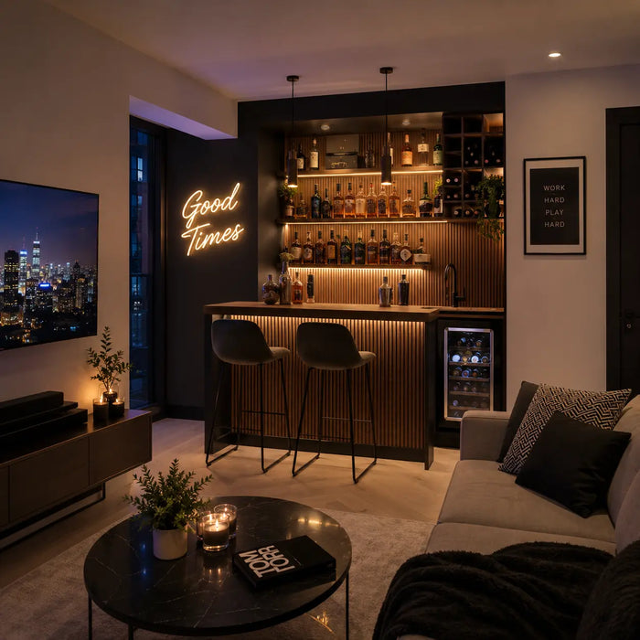 A modern living room featuring a built-in home bar with two bar stools, a glowing 'Good Times' neon sign on the wall, a sofa with pillows, and a round coffee table in the foreground.