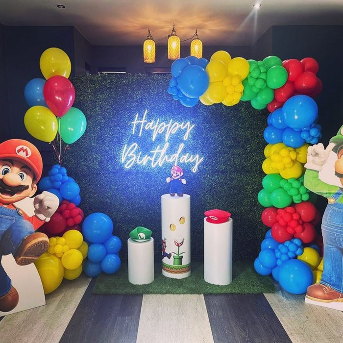 Happy Birthday Neon Sign In Snow White With Mario Decorations