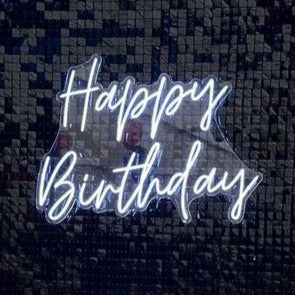 Happy Birthday Neon Sign In Snow White with black sequin background