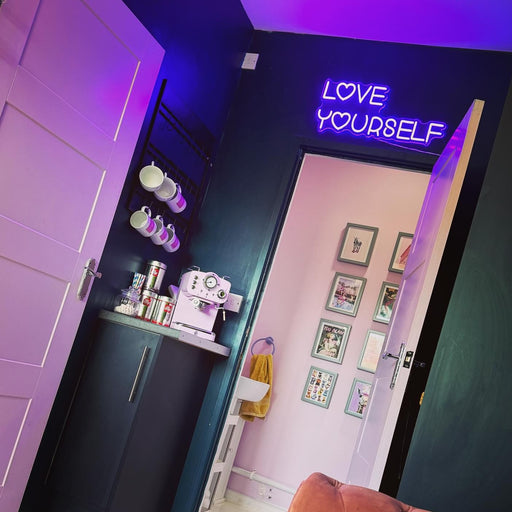 Love Yourself Neon Light in Santorini Blue. Photo by the_powder_rooms_aesthetics on Instagram.