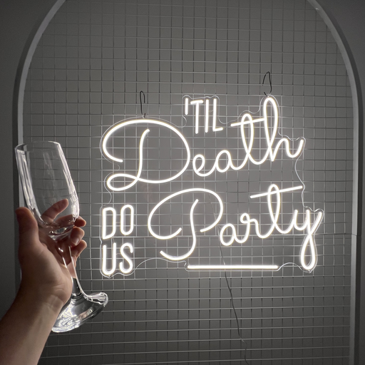 til death do us party wedding neon sign in snow white
