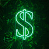 Dollar neon sign in glow up green against plant wall