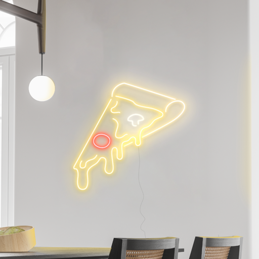 Pizza Neon Sign on a dining room wall 