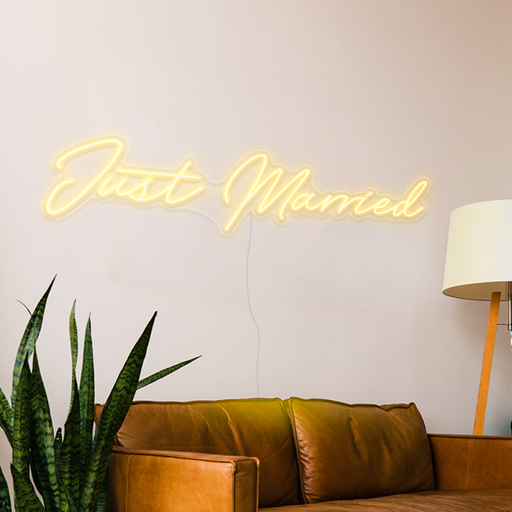 Just Married Neon Sign in paradise yellow
