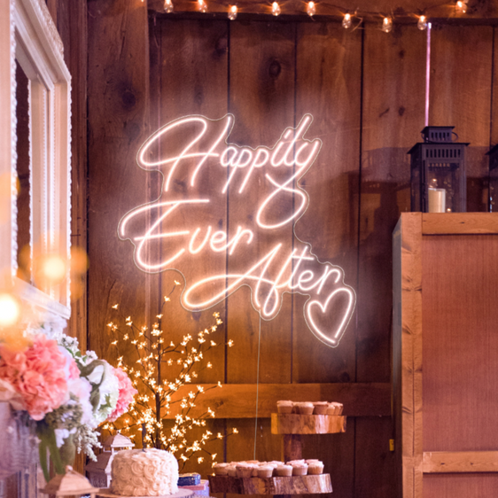Happily Ever After neon sign with heart in Snow white
